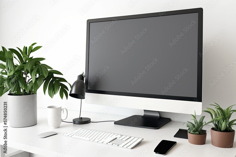 Poster a comfortable work environment with a white background and a blank computer monitor on the desk. roo