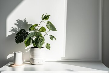 Desk with small green plant and shadowy white wall. Give yourself room to decorate. Generative AI