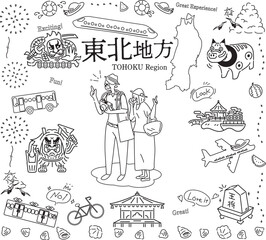 Fototapeta na wymiar 日本の東北地方の夏の名所観光を楽しむシニア夫婦、アイコンのセット（線画白黒）