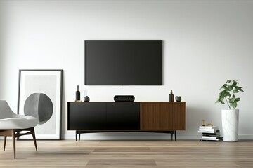 Panoramic white living room with a black and wooden cabinet with a fake TV screen and dark wooden floor. Closeup. mockup. Generative AI