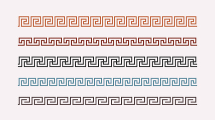 Greek key ornaments collection. Colored meander pattern set. Repeating geometric meandros motif. Greek fret design. Ancient decorative border. Vector decoration