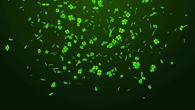 Abstract Festive Green Clover Leaves Confetti Burst From The Bottom Center On Green And Isolated Black Background, With Alpha Matte