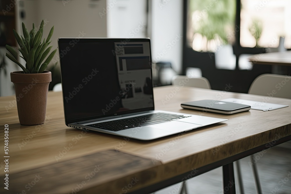 Poster cropped image displays a simple office with a laptop with a blank screen on a wooden table and a blu