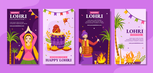 Happy Lohri Festival Social Media Stories Flat Cartoon Hand Drawn Templates Background Illustration
