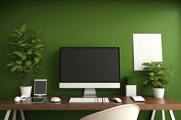 Home office background with computer on wooden table against green wall, copy space. Generative AI