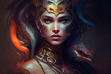 Portrait of eve with snake concept, Generative AI