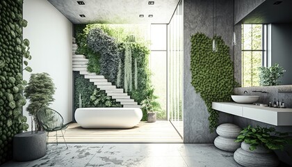 Natural Oasis: A Concrete and Living Wall Bathroom Escape, AI Generative