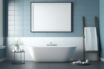 Fototapeta na wymiar White ceramic bathtub, sink in modern bathroom. Blue tile walls, hardwood floors. Blank framed poster on grey wall. Mockup. Generative AI