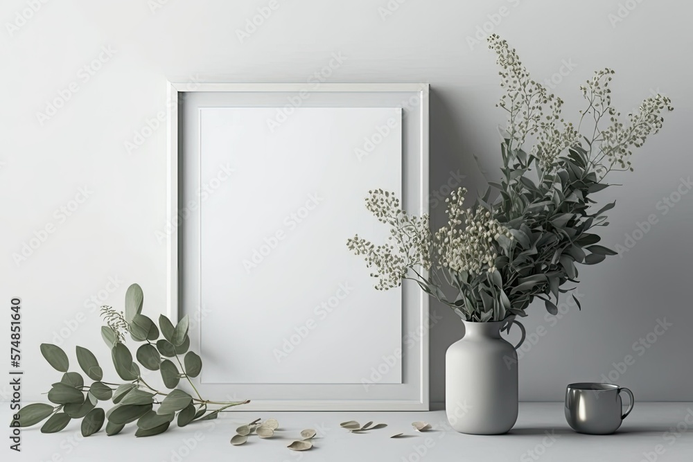 Poster minimalist house design mock-up with an empty frame on white walls. generative ai