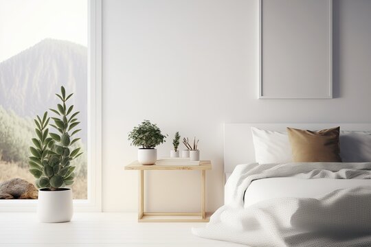 Empty Wooden Desk, Shelf, Or Table With A Blurred View Of A Contemporary White Bedroom With A Bed Covered In A Duvet, Side Tables With Potted Plants, And A Closet. Generative AI