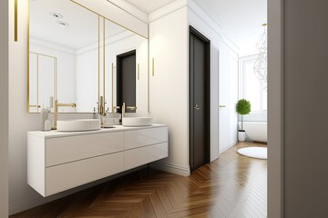 Fototapeta na wymiar A wooden-floored white-walled bathroom has two sinks. Corner closet. mockup. Generative AI
