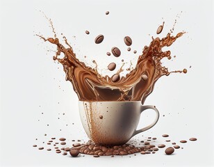 A cup of coffee with a white cup, splashing in the air.  Generative AI.