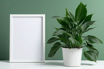A white word frame with a green tabletop, a green DRACAENA indoor plant, and a white background. Generative AI