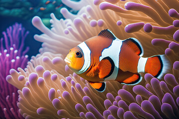 Fototapeta na wymiar Tropical fish clownfish swimming over a coral reef with anemones. Generative AI