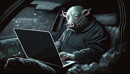 a man with a pig's head inside a car, in his hands he holds a laptop. Generative AI