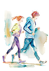 ジョギングをする男性と女性の水彩イラスト／AI画像