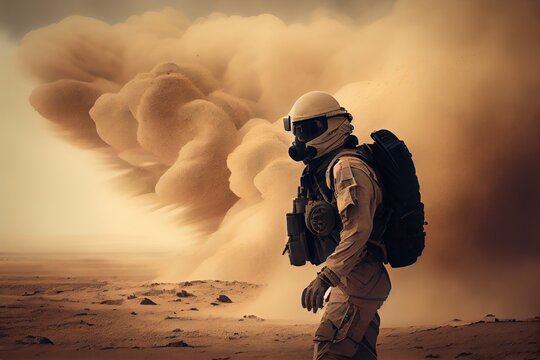 Military soldier between storm and dust at desert. Generative AI