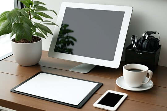 modern office with blank tablet and office equipment on wooden table. Generative AI