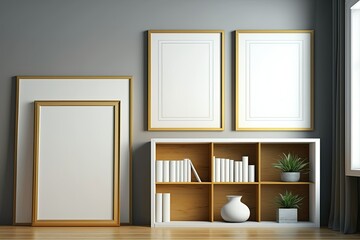 Obraz na płótnie Canvas Vacant frames. Furniture. Books. Generative AI