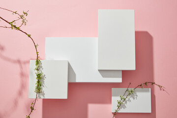 background for advertising , abstract content with white empty podiums and branches flower on trendy pink. Top view, flat lay.