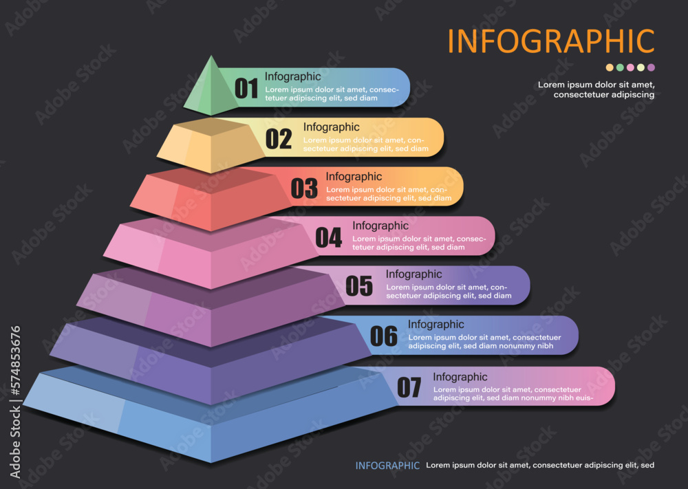 Fototapete Triangle infographics with separate layers can represent quantities from highest to lowest or from highest to lowest with a total of 7 layers and 7 steps.A text box is placed on a gray-black screen.