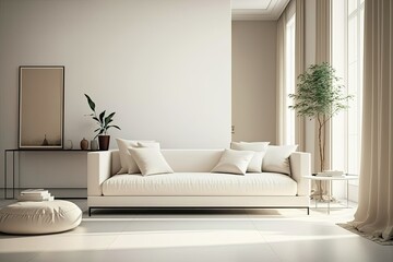 Modern light living room interior, beige empty wall mockup,. Generative AI