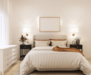 home interior bedroom with bed and black night table,wall lamp,flower vase,white low  decorate,orange pillow,orange blanket and empty gold frame on wall in english country style 3d rendering.