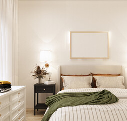 home interior bedroom with bed, table,wall lamp,flower vase,clothes on white low cabinet,object decorate,orange pillow,green blanket and empty gold frame on wall in english country style 3d rendering.