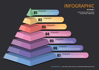 Triangle infographics with separate layers can represent quantities from highest to lowest or from highest to lowest with a total of 7 layers and 7 steps.A text box is placed on a gray-black screen.