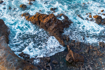 Sunsetting on the rocky coastline of Palos Verdes, neighborhood of Los Angeles county, California....