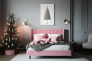 pink bed, bedroom Christmas tree. Generative AI