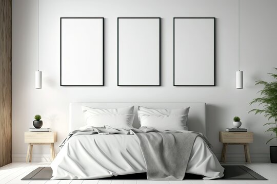 Three empty vertical posters above white bed. Isolated poster frame clipping route. illustration. Generative AI