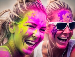 Group of happy color painted women in color run event, generative AI.