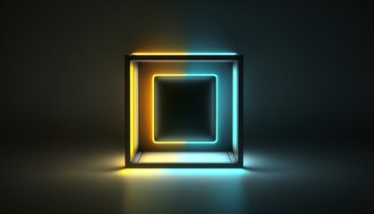 3d glowing square box on dark background