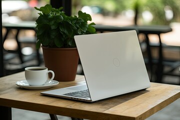 Modern man using room laptop with blank white desktop screen and coffee cup on wooden table in cafe. Generative AI