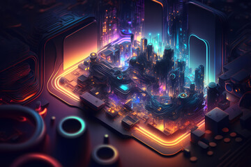 Smart city on circuit board background. Futuristic cyberspace concept. Generative Ai