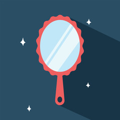 Hand mirror with long shadow in flat style vector illustration. Simple makeup hand mirror for women clipart cartoon style, hand drawn doodle style. Mirror with handle cute vector illustration © Vinh