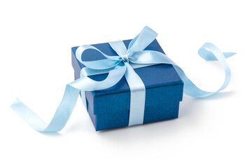 Blue gift box with ribbon bow isolated on white background