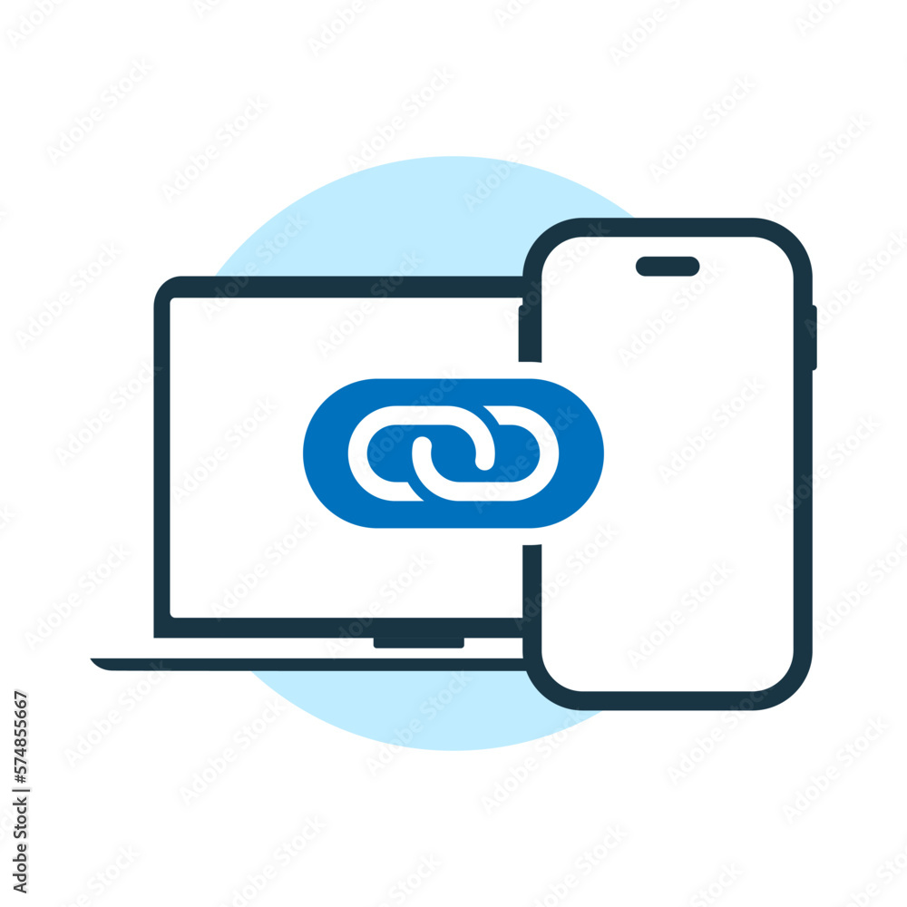 Poster link, connect, synchronization of mobile phone and computer concept illustration flat design vector 