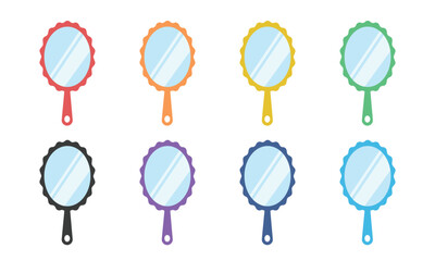 Set of multicolored hand mirrors in flat style vector illustration. Simple makeup hand mirror for women clipart cartoon style, hand drawn doodle style. Mirror with handle cute vector illustration © Vinh