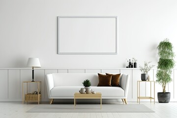 Blank horizontal poster on a white living room wall. Generative AI