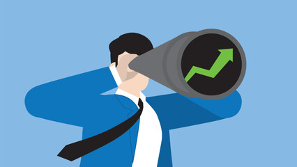A businessman uses a telescope to look for a green graph, business solution, problem-solving from the financial crisis, economic downturn, Global recession, inflation, bankruptcy, and failure concept.