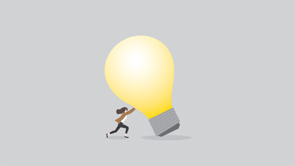 Business idea, creativity, innovation, creation, inspiration, imagination, and thinking concept. A businesswoman pushes the big light bulb. the business solution, problem-solving from work problem.