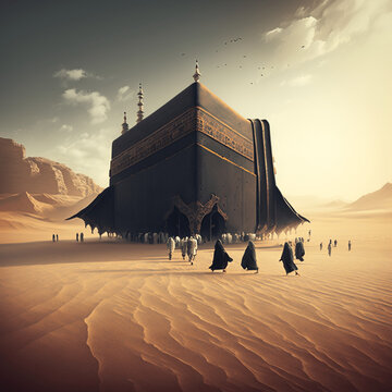 People going to the mosque in the desert illustration 