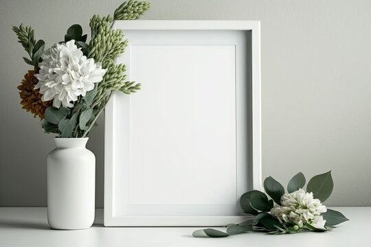 A vase of flowers and an empty wooden photo frame on a white table. A festive banner. Generative AI