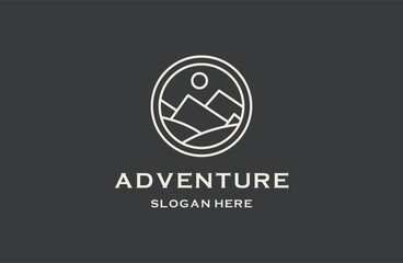 Mountain, Sea Ocean Wave and Sun for Adventure Outdoor Traveling line art icon logo