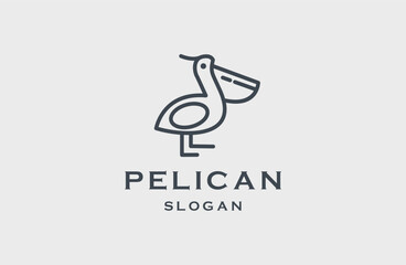 Pelican bird logo design, line art pelican bird vector logo for animals