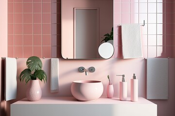 Contemporary sink with toiletries and a little vertical mirror in a pink-tiled bathroom. a mockup. Generative AI