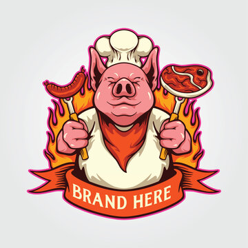 Cute chef pig delicious barbeque meat logo cartoon illustrations vector for your work, merchandise t-shirt, stickers and label designs, poster, greeting cards advertising business card
