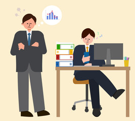 仕事が山積みなのにも関わらずスマホに夢中の若手社員を見て怒る上司のイラスト
